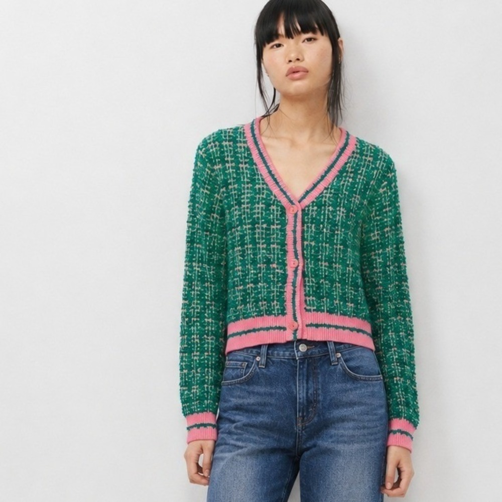 Cider Green Pink Tweed Boucle Cropped Cardigan Sweater Metallic Gold Size L